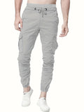 Solid Color, Men's Drawstring Cargo Pants, Flap Pocket Trendy Jogger Pants, Mens Work Pants