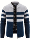kkboxly  Warm Fleece Striped Cardigan Jacket, Men's Casual Stand Collar Jacket Coat For Winter