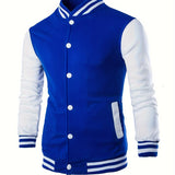 kkboxly  Trendy Varsity Jacket, Men's Casual Color Block Button Up Jacket For Spring Fall School Baseball