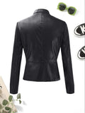 kkboxly  Solid Zipper Front Faux Leather Crop Jacket, Casual Long Sleeve Lightweight Jacket For Fall & Spring, Women's Clothing