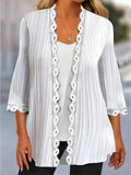 kkboxly  Plus Size Elegant Coat, Women's Plus Solid Ribbed Contrast Lace Three Quarter Sleeve Cardigan Outwear