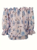 kkboxly  Off Shoulder Floral Print Blouse, Casual Ruffle Trim Blouse, Women's Clothing