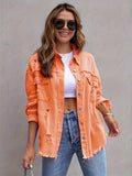 Plain Ripped Holes Lapel Denim Jackets, Distressed Raw Hem Long Sleeves Casual Denim Coats, Women's Denim  Clothing