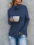 xieyinshe  Solid Turtle Neck Pullover Sweater, Casual Long Sleeve Split Sweater For Fall & Winter, Women's Clothing