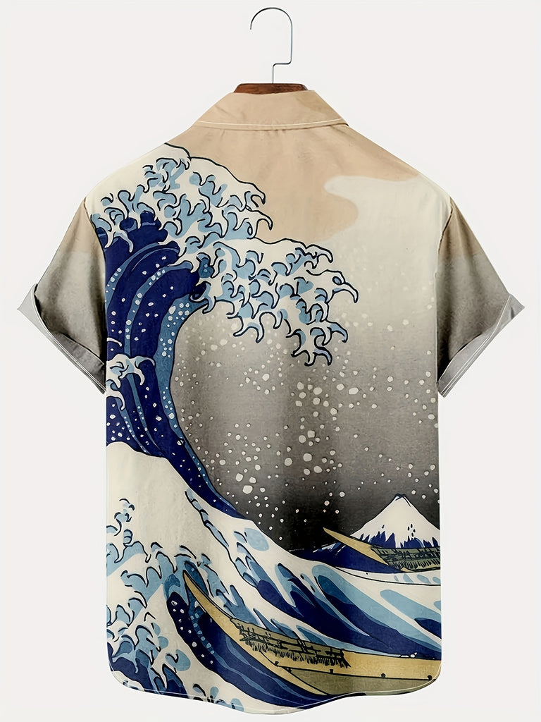 kkboxly  Plus Size Hawaiian Shirt For Men, Funky Casual Button Down Short Sleeve Beach Shirts "Sea Wave" Print Summer Tops