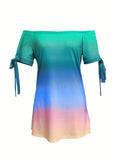 kkboxly  Color Block Off Shoulder Dress, Elegant Backless Short Sleeve Dress For Spring & Summer, Women's Clothing