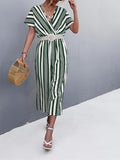 kkboxly  Striped Surplice Neck Belted Jumpsuit, Casual Batwing Sleeve Jumpsuit For Spring & Summer, Women's Clothing