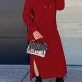 kkboxly  Drawstring Split Dress, Casual Hooded Long Sleeve Maxi Dress, Women's Clothing