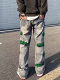 kkboxly  Embroidery Cotton Baggy Jeans, Men's Casual Creative Street Style Denim Pants For Spring Summer