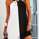 kkboxly  Color Block Halter Neck Dress, Casual Criss Cross Sleeveless Dress For Spring & Summer, Women's Clothing