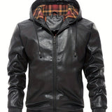 kkboxly  Men's Pu Leather Trendy Hooded Jacket, Windproof Warm Thermal Jacket For Autumn Winter