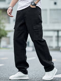 kkboxly  Loose Fit Big Pocket Straight Leg Jeans, Men's Casual Street Style Jeans For All Seasons