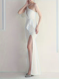 kkboxly  Mesh Panel One-shoulder Dress, Elegant Sleeveless Split Hem Dress For Party & Banquet, Women's Clothing