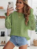 kkboxly  Contrast Lace Eyelet Knit Sweater, Casual Crew Neck Long Sleeve Sweater, Women's Clothing