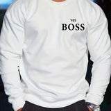 kkboxly  ' Yes Boss ' Print Crew Neck Sweatshirt Pullover For Men Solid Color Sweatshirts For Spring Fall Long Sleeve Tops
