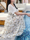 kkboxly  Floral Print Ruffle Trim Dress, Elegant Shirred High Waist Short Sleeve Dress, Women's Clothing