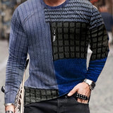 kkboxly Color Block Men's Long Sleeve Vintage Novelty T-shirt, Stylish Tees For Autumn, Mens Clothing