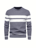 kkboxly  All Match Knitted Striped Pattern Sweater, Men's Casual Warm Slightly Stretch Crew Neck Pullover Sweater For Men Fall Winter