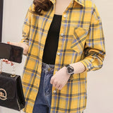 kkboxlyPlaid Pocket Drop Shoulder Shirt, Button Long Sleeve Shirt, Casual Every Day Tops, Women's Clothing