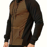kkboxly  Stripe Pattern, Men's Zipper Hooded Jacket, Casual Comfy Loose Long Sleeve Hoodie, Men's Clothing