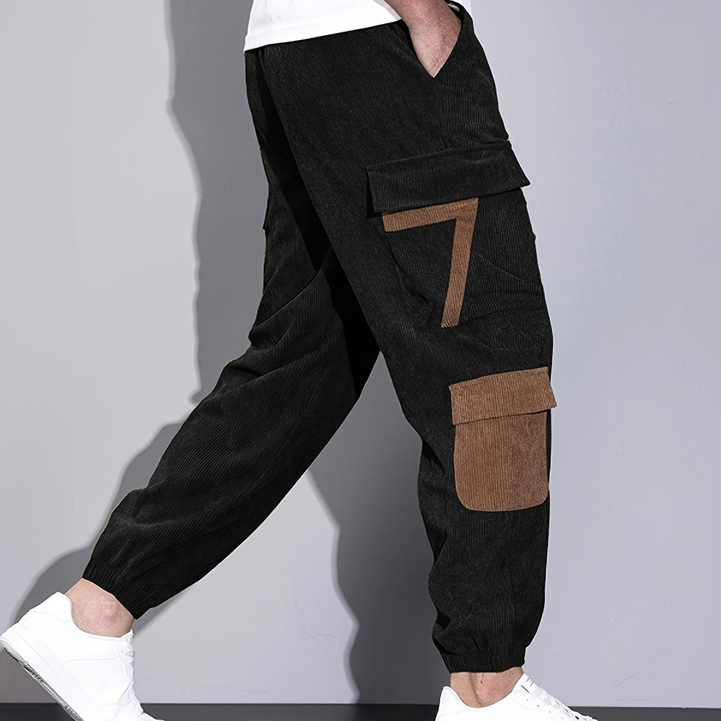 kkboxly  Trendy Corduroy Cargo Drawstring Pants, Men's Multi Flap Pocket Trousers, Loose Casual Outdoor Pants, Men's Work Pants Outdoors Streetwear Hip Hop Style