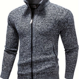 kkboxly  Warm Stand Collar Fleece Jacket, Men's Semi-formal Comfortable Solid Color Zip Up Knitted Cardigan For Spring Fall