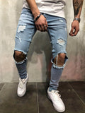kkboxly  Slim Fit Ripped Jeans, Men's Casual Street Style Distressed Mid Stretch Denim Pants For Spring Summer