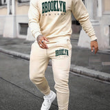 kkboxly  BROOKLYN Print, Men's 2Pcs Outfits, Casual Crew Neck Long Sleeve Pullover Sweatshirt And Drawstring Sweatpants Joggers Set For Spring Fall, Men's Clothing