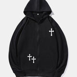 kkboxly  Cross Print Men's Full-Zip Hooded Sweatshirt Casual Long Sleeve Hoodies With Pocket Gym Sports Hooded Jacket For Spring Fall, As Gift
