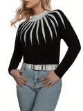 Color Block Knit Sweater, Casual High Neck Long Sleeve Ribbed Sweater, Women's Clothing