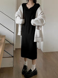 kkboxly  Solid Long Sleeve Knit Dress, Chic Notch Neck Midi Length Dress, Women's Clothing