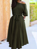 kkboxly  Solid One Shoulder Belted Dress, Elegant Lantern Sleeve Dress, Women's Clothing