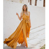 2025 Cross-border women's clothing  summer new bohemian solid color V-neck sleeveless high slit big swing dress long dress