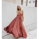 2025 Cross-border women's clothing  summer new bohemian solid color V-neck sleeveless high slit big swing dress long dress