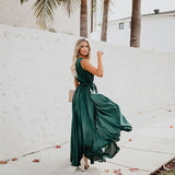 2025 Cross-border women's clothing  summer new bohemian solid color V-neck sleeveless high slit big swing dress long dress