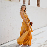 2025 Cross-border women's clothing  summer new bohemian solid color V-neck sleeveless high slit big swing dress long dress