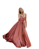 2025 Cross-border women's clothing  summer new bohemian solid color V-neck sleeveless high slit big swing dress long dress