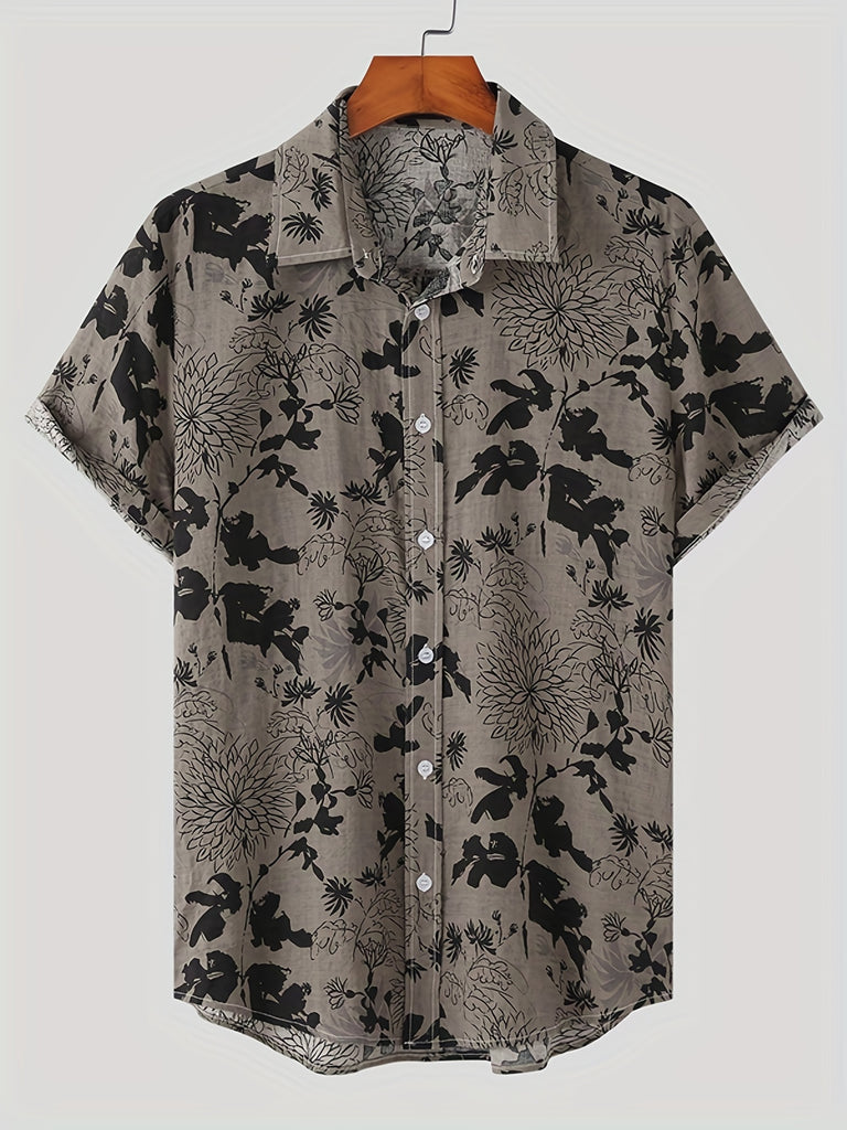 kkboxly  Men's Plus Size Hawaiian Shirt, Flower Printing Lapel Short Sleeve Casual Men Streetwear For Vacation / Leisurewear