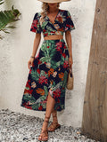 2025 kkboxly  Tropical Print Vacation Two-piece Set, V Neck Flutter Sleeve Tops & High Waist Midi Skirts Outfits, Women's Clothing