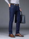kkboxly  Men's Stylish Loose Fleece Denim Pants With Pockets, Active Breathable Comfy Mid Stretch Straight Leg Trousers For City Walk Street Hanging Outdoor Activities