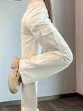 kkboxly  Solid Straight Leg Cargo Pants, Y2K Flap Pocket High Waist Loose Pants, Women's Clothing