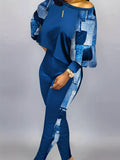 kkboxly Patchwork Casual Two-piece Set, Crew Neck Long Sleeve Tops & Long Length Pants Outfits, Women's Clothing