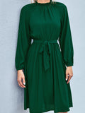 kkboxly  Women's Dresses Elegant Dress Pleated Frill Neck Flounce Long Sleeve Belted Dresses
