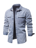 kkboxly  Men's Denim Shirt Solid Color Thick Long Sleeve Button Down Shirt Spring Autumn Jeans Shirt