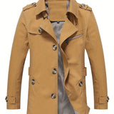 kkboxly  Men's Lapel Button Design Trendy Comfy Cotton Jacket, Windproof Retro Wind Coat For Autumn Winter