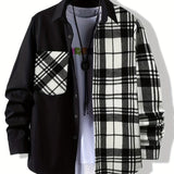 Men's Casual Cotton Stitch Plaid Button Up Shirt With Chest Pocket, Male Clothes For Spring And Fall