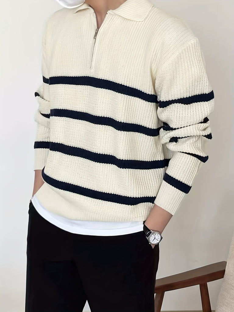 kkboxly  Striped Pattern Chic Sweater, Men's Casual Warm Slightly Stretch Lapel With Zipper Pullover Sweater For Fall Winter