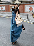 kkboxly  Blue Raw Hem Denim Overall Dress, Non-Stretch Loose Fit Split Denim Overall Dress, Women's Denim Clothing