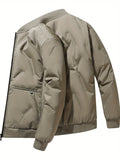 kkboxly  Men's Solid Padded Jacket, Men Casual Padded Coat Windbreaker Zipper Pocket Crew Collar For Men Winter