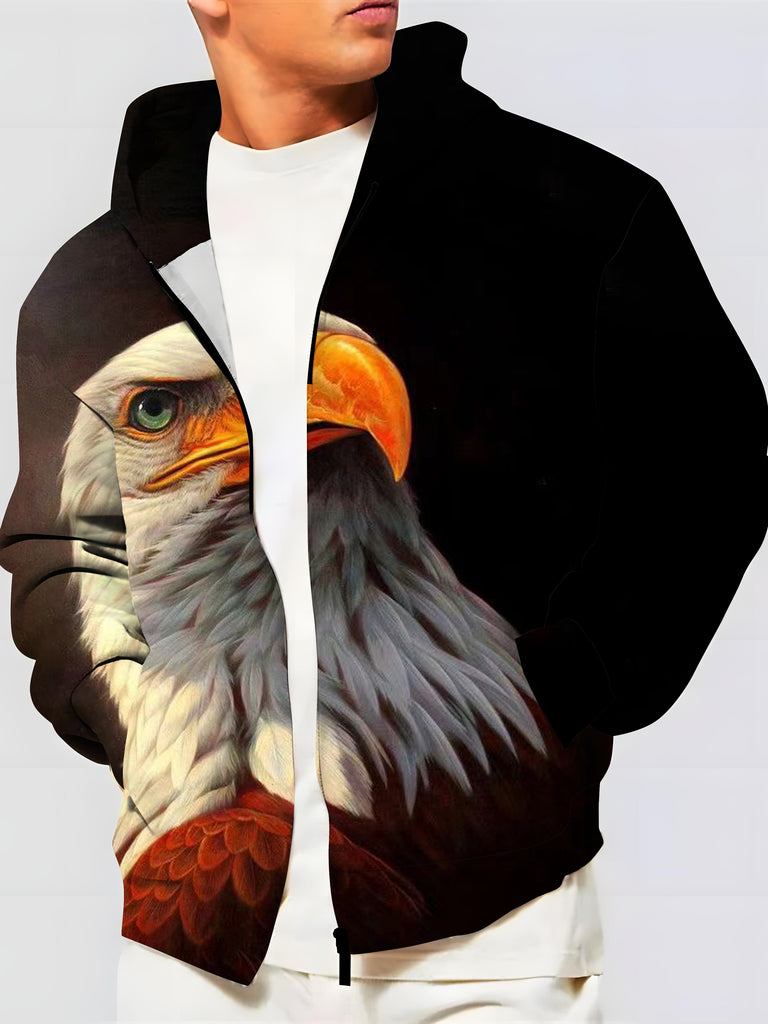 Plus Size Men's 3D Eagle/Lion Print Hooded Jacket With Zipper For Autumn/winter, Oversized Fashion Casual Hoodies For Big & Tall Males, Men's Clothing
